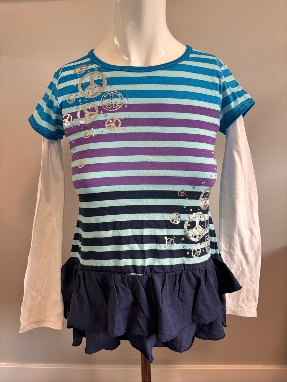 Cherokee Aqua, Purple & Navy Striped Layered Peplum Long Sleeve Top